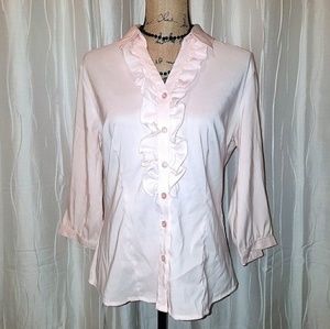 ICO Button Down, Ruffle Blouse in Wrinkle-Free fabric - Light Pink, Size Medium